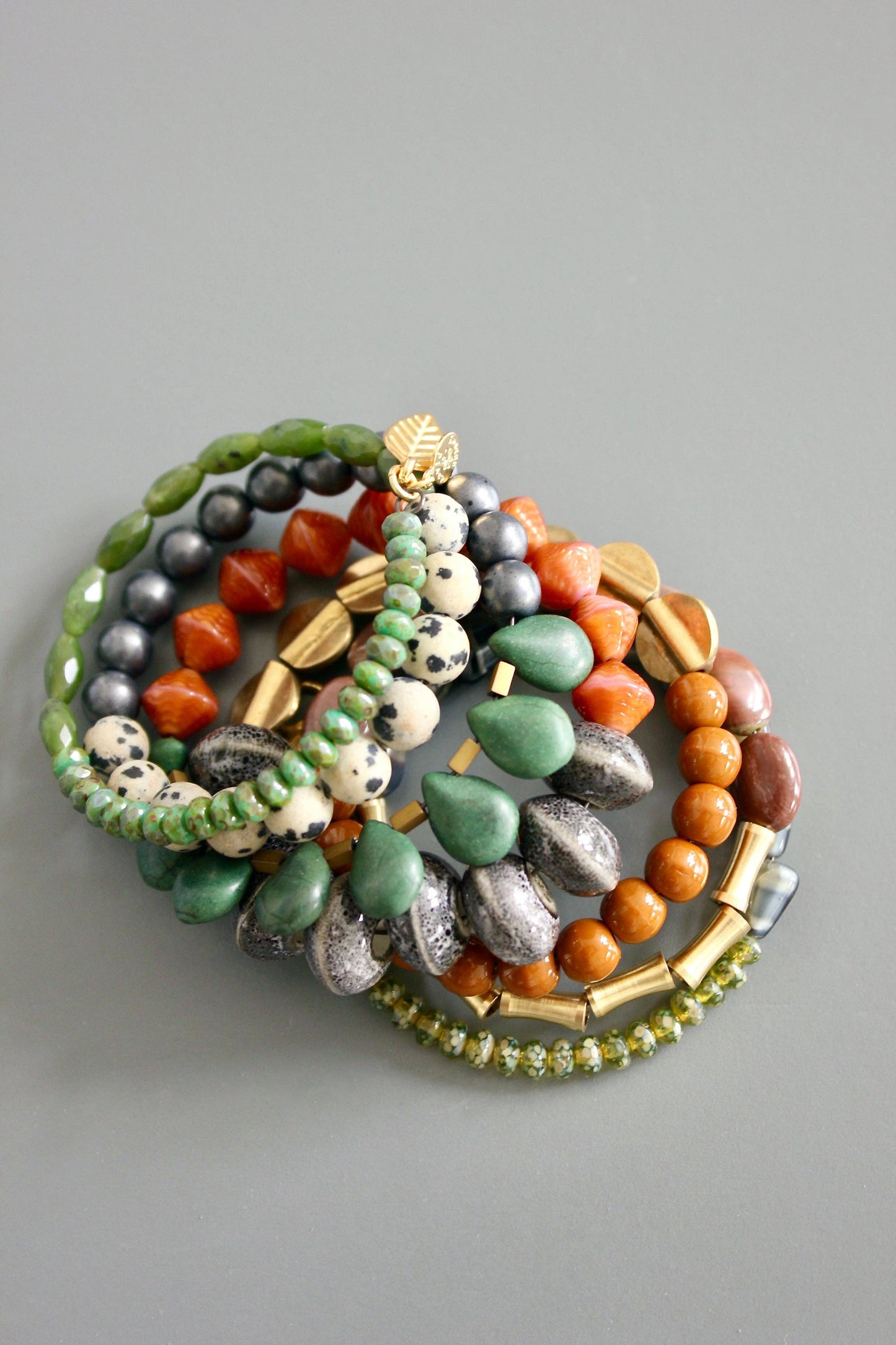 FERB03 Green, caramel, jasper, and gray wrap bracelet