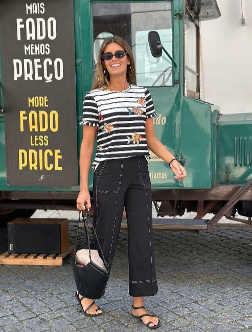 Wide Leg Black Trousers with Contrast Stitching