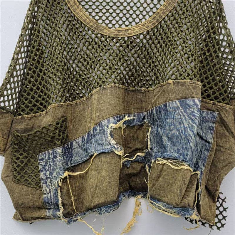 M217 Mesh & Denim Patchwork Tee – Summer Street Style
