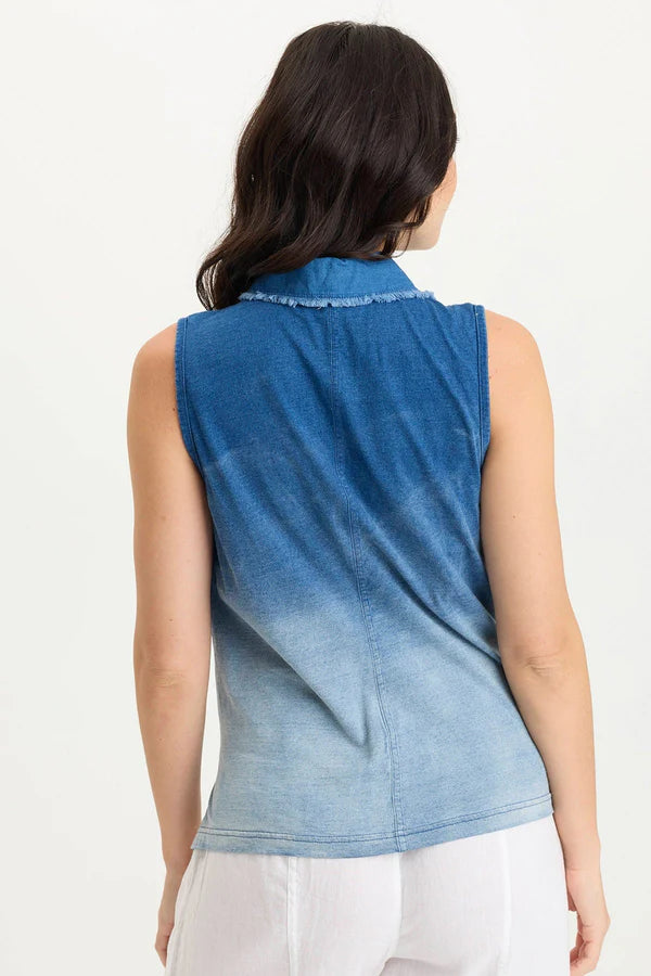 Tague Indigo Twill Knotted High-Low Snap-Up Tank