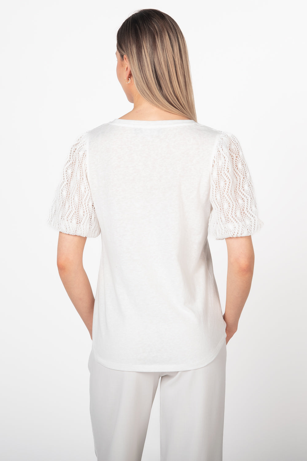 Lace Sleeve Slub Jersey Knit Top