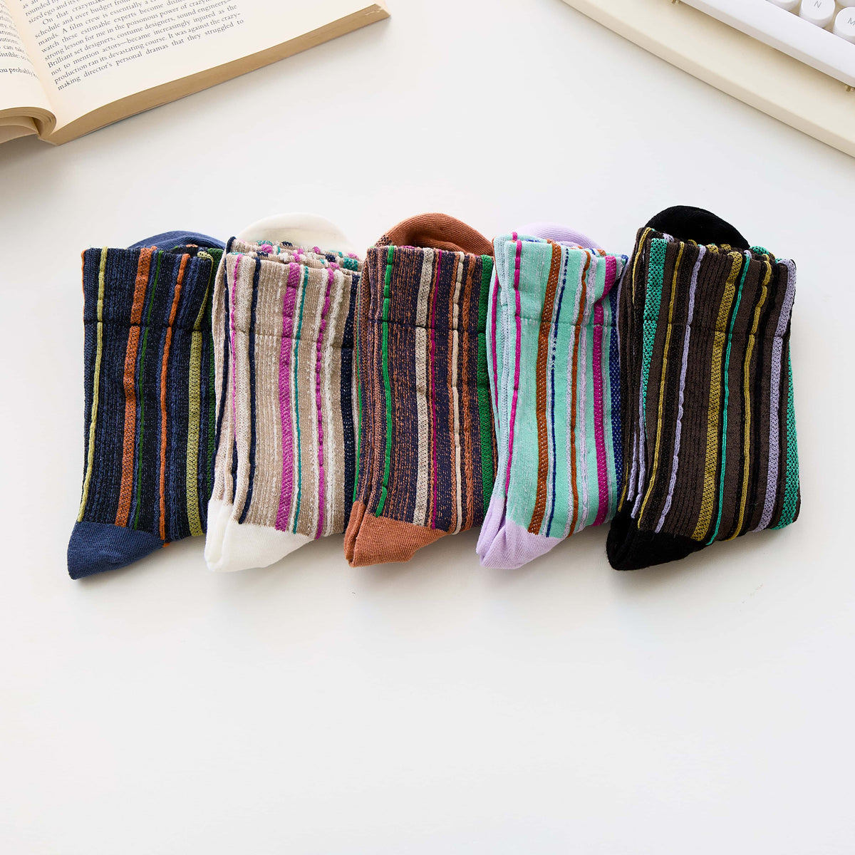 Women’s Cotton Striped Crew Socks – Soft Textured Knit