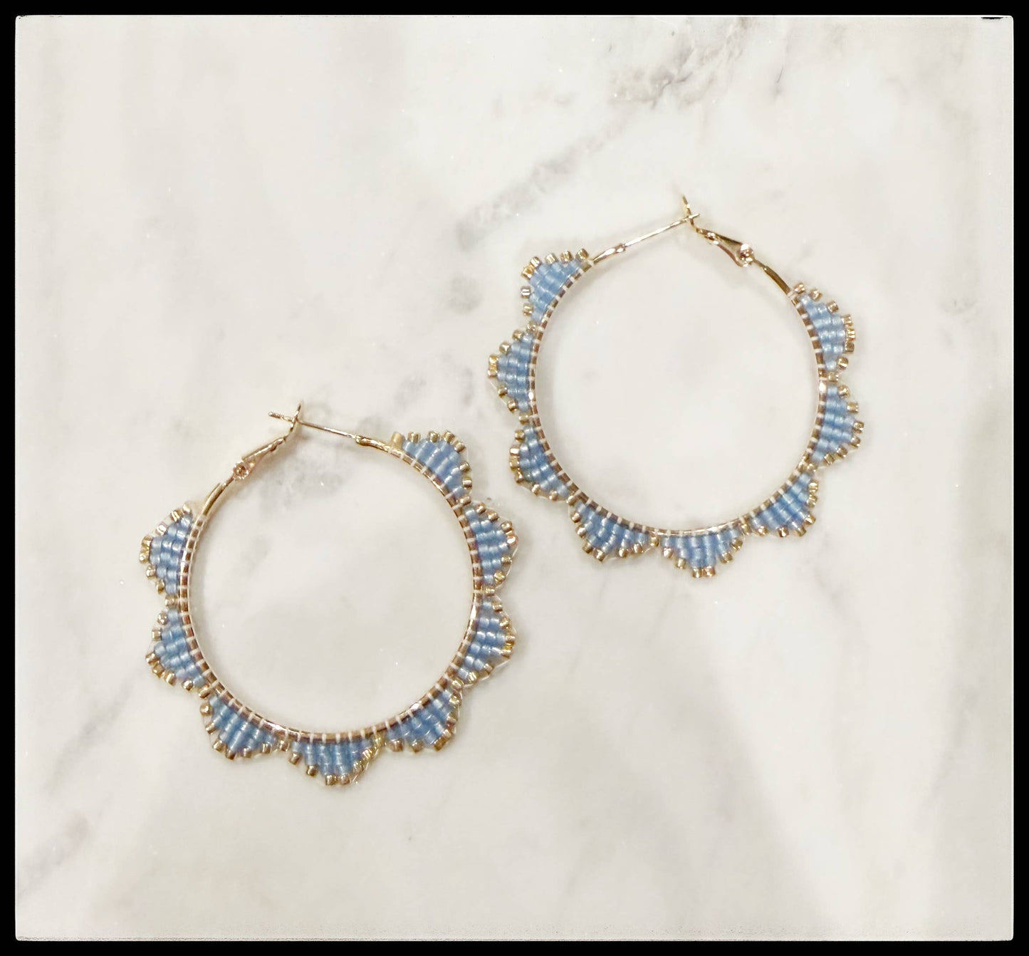 Glass Seed Bead Scalloped Hoop Miyuki Delica Earrings Blue