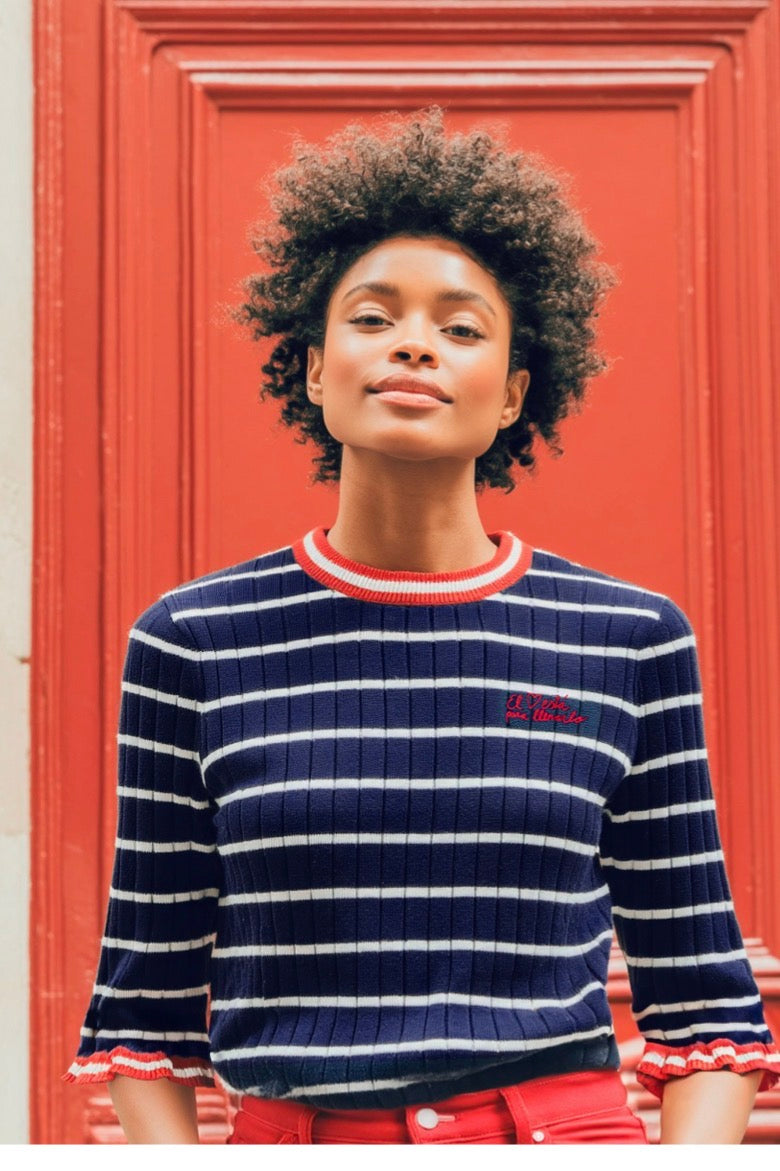 Navy & White Striped Too with Red Details