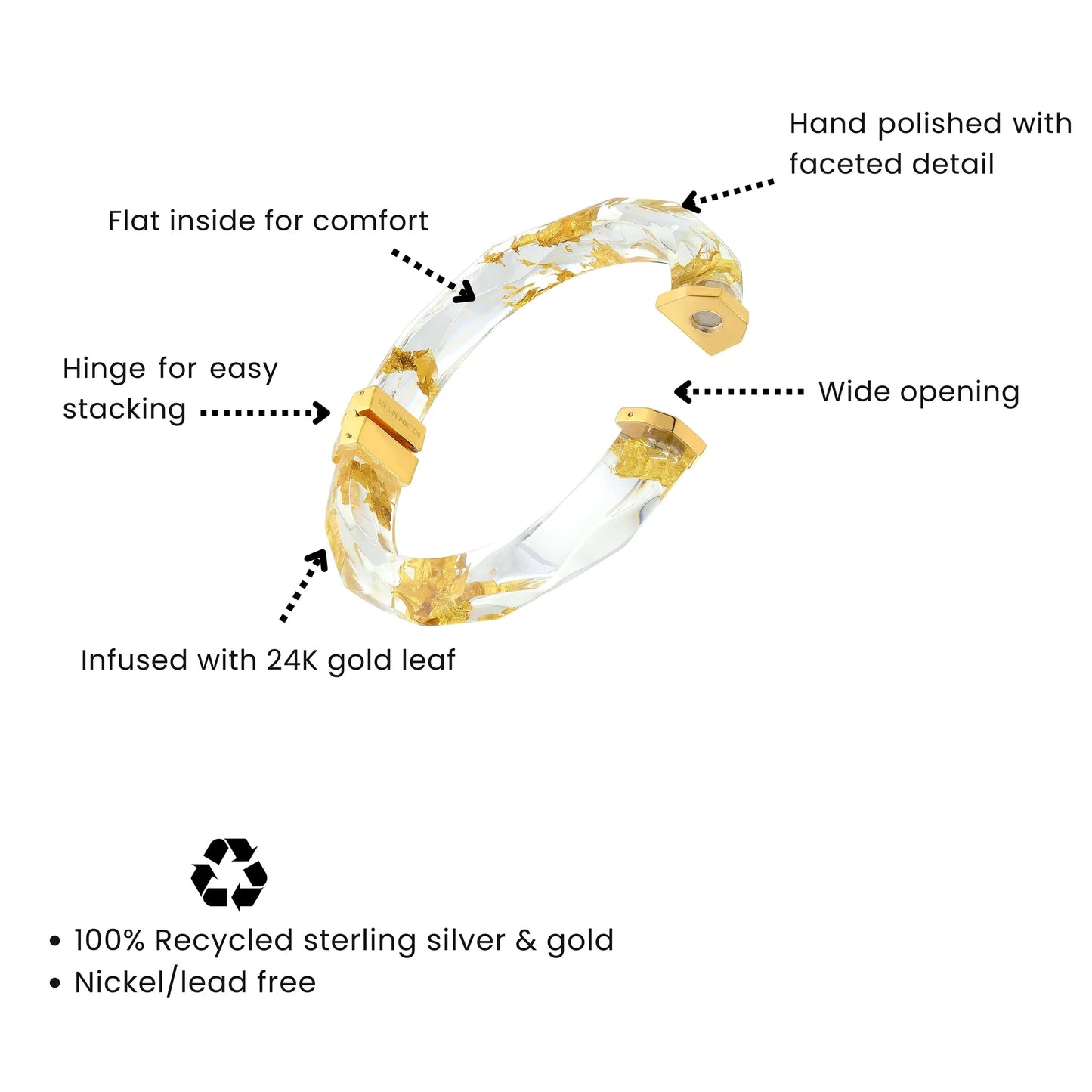 Gold Leaf Lucite Oval Magnetic Bangle in White