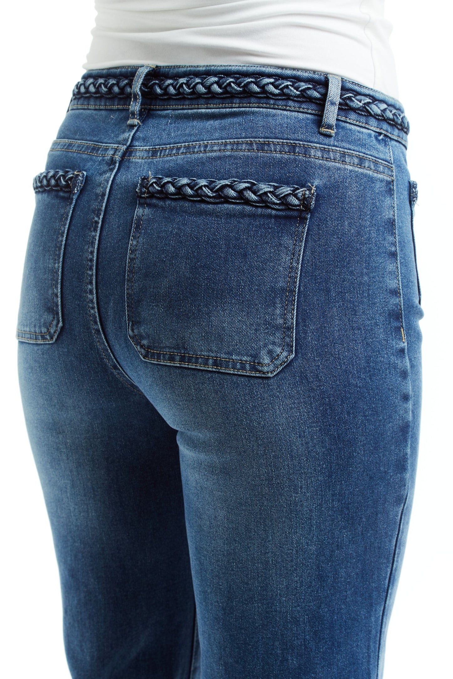 Mid Rise Braided Waist And Ft Patch Pkt Flare