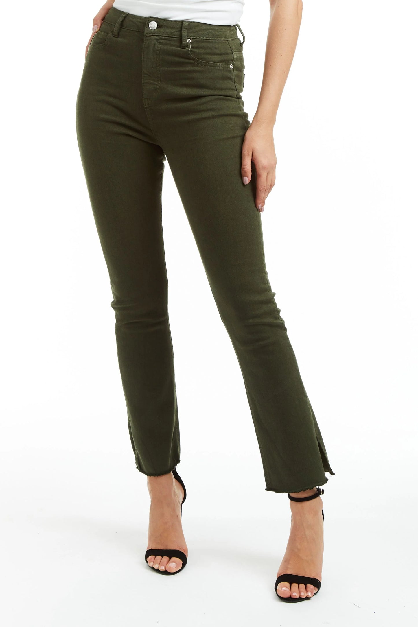 High Rise Crop Flare With Side Slit And Raw Hem Jeans - Fern