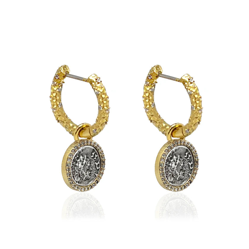 Gold Crystal Huggies W/ Slide On Dupré Coins