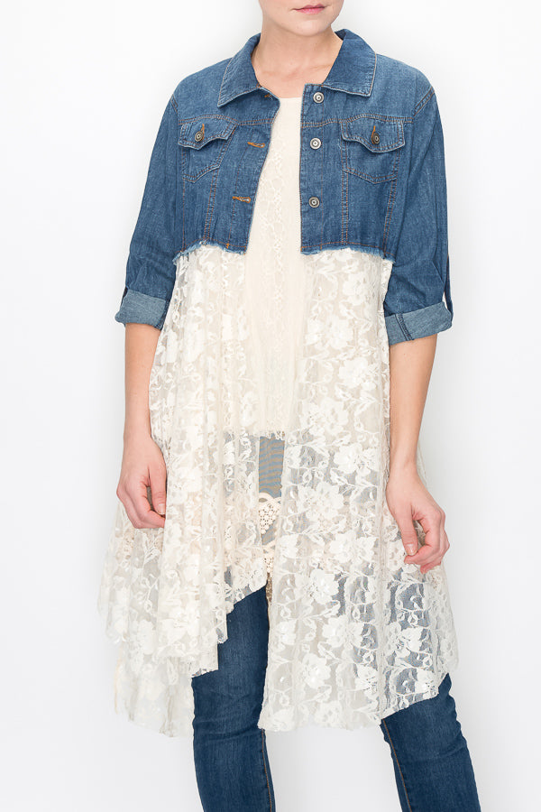 BLUE DENIM JACKET WITH LACE LAYER