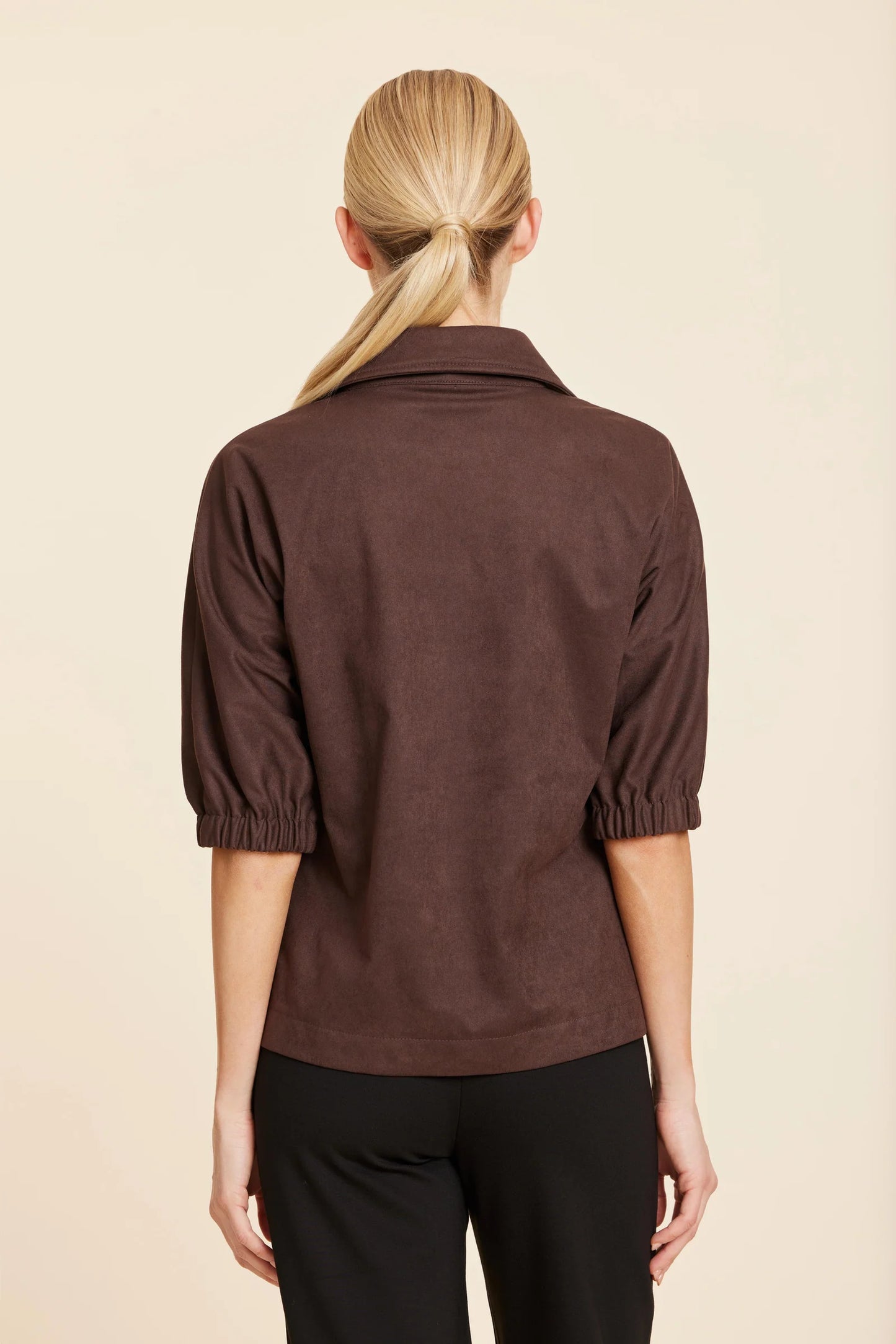 Faux Suede Johnny Collar Top in Brown
