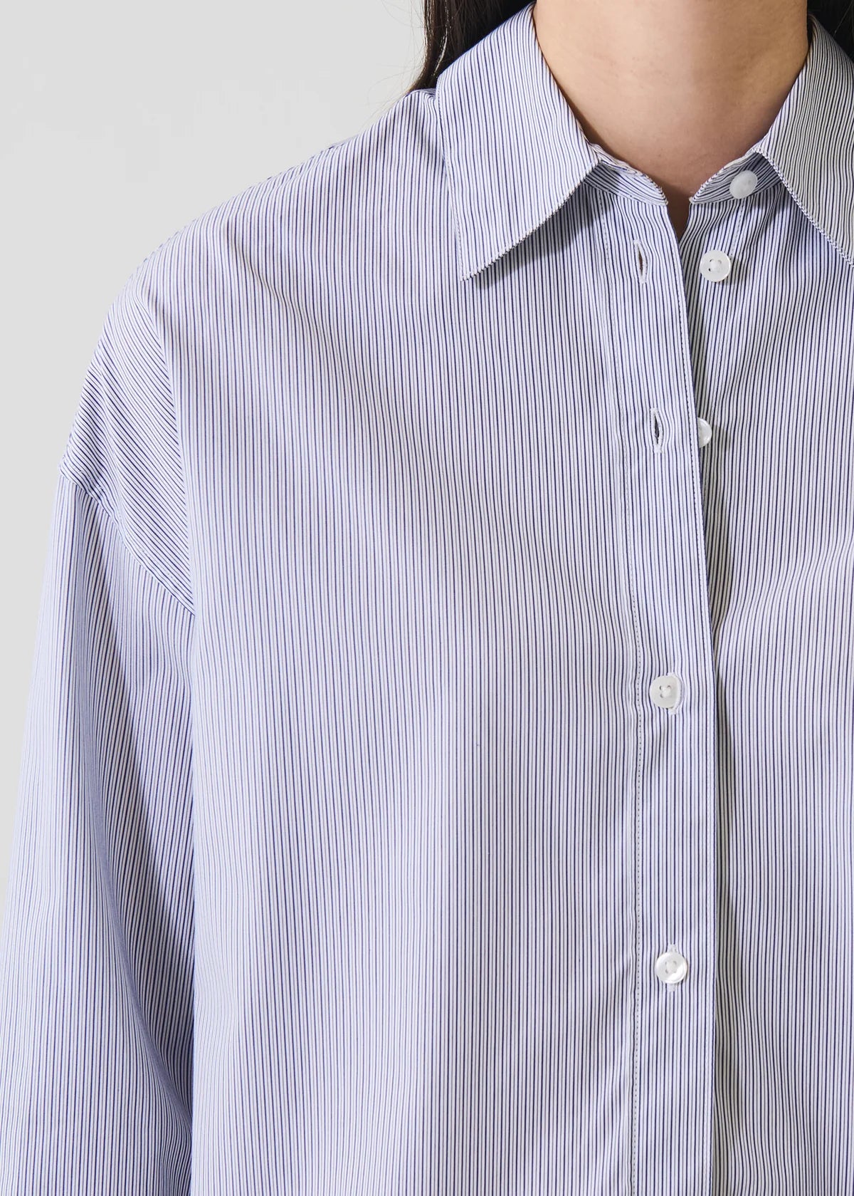 Patrick Assaraf Long Sleeve Cotton Stripe Boxy Shirt in Marine