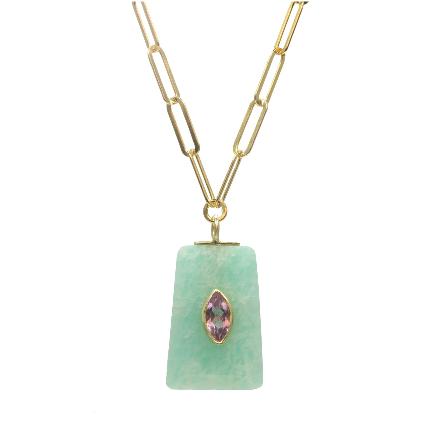 Green Aventurine And Amethyst Bezel Pendant Necklace On Paperclip Chain