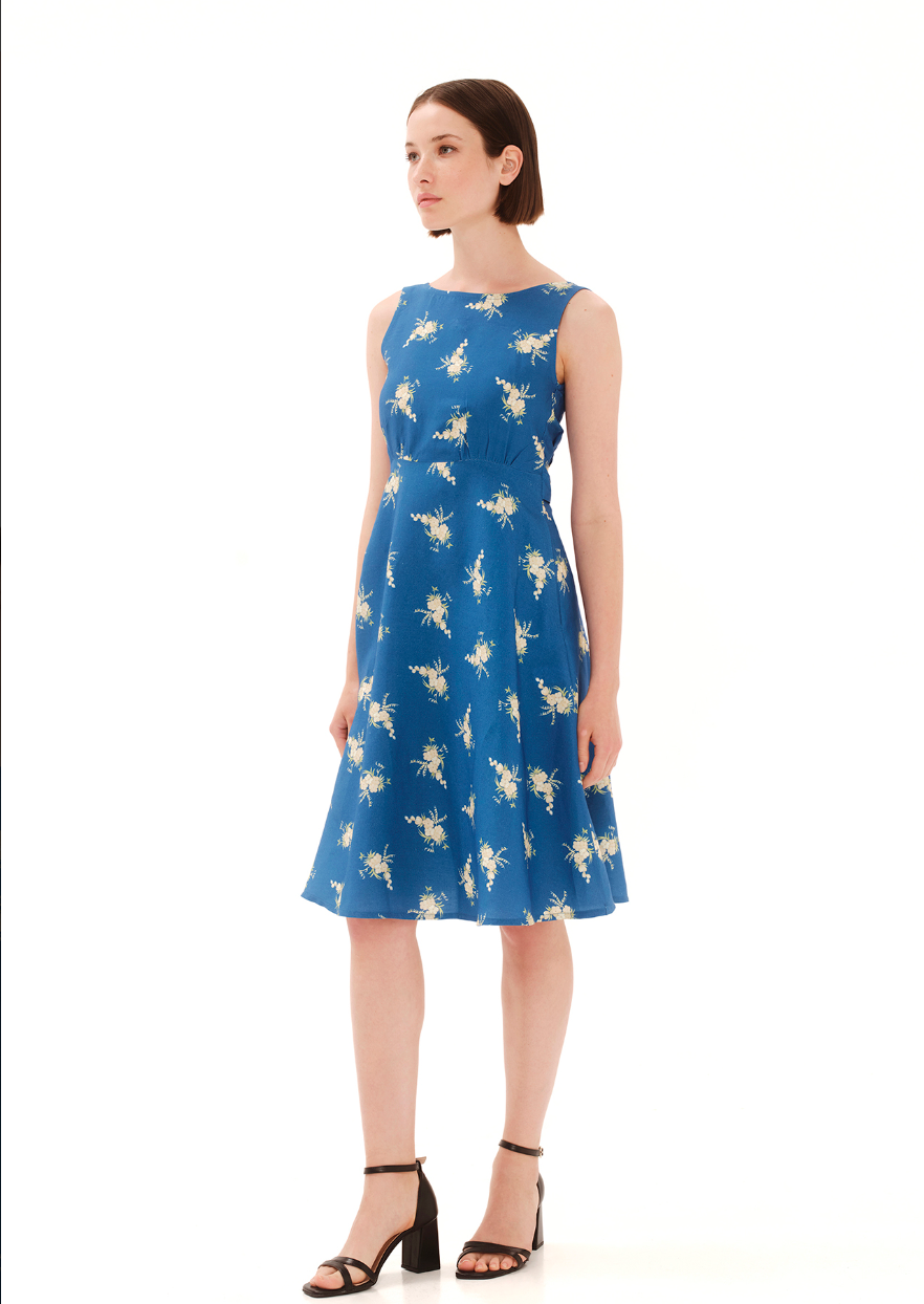 Printed Sleeveless A Line Dress with Belt