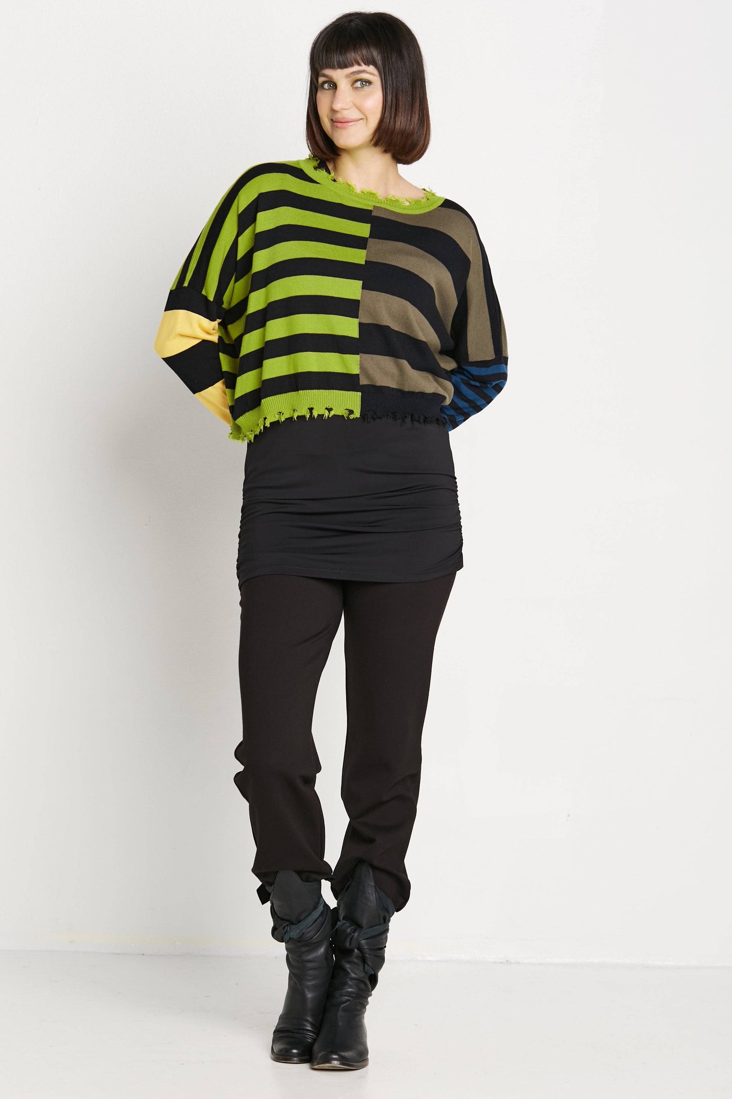 Pima Cotton Mini Mixed Up Tattered Crewneck Sweater - Black/Guacamole