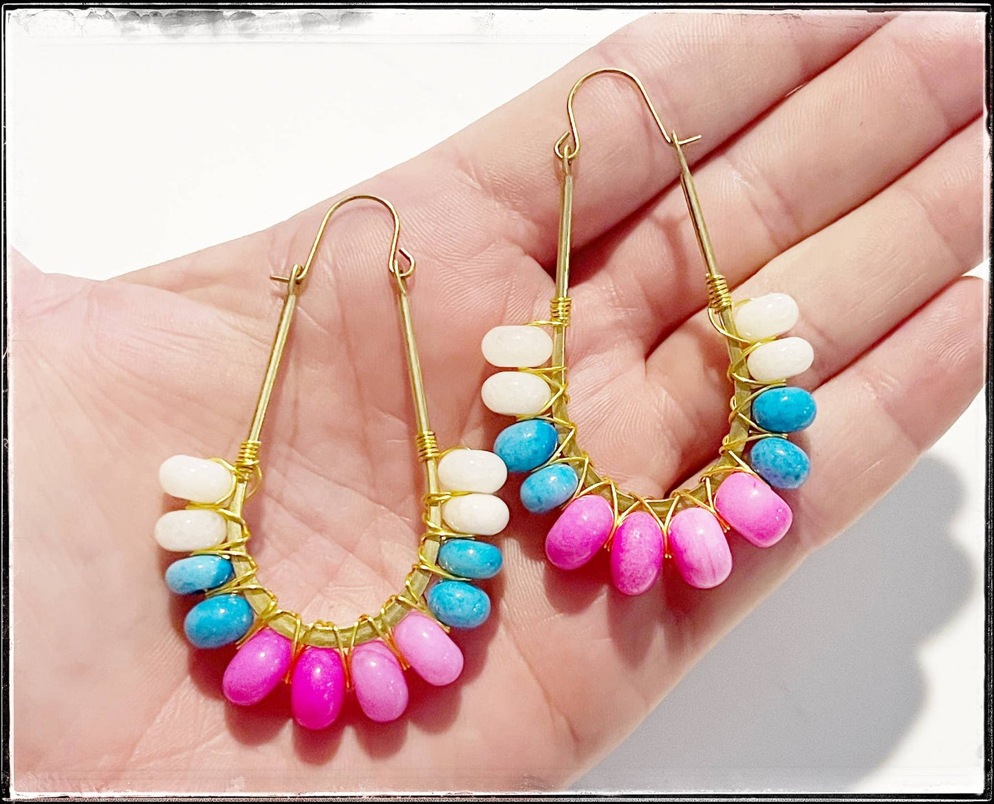 Wire Wrapped Hoop Glass Bead Dangle Earring Turquoise Pink