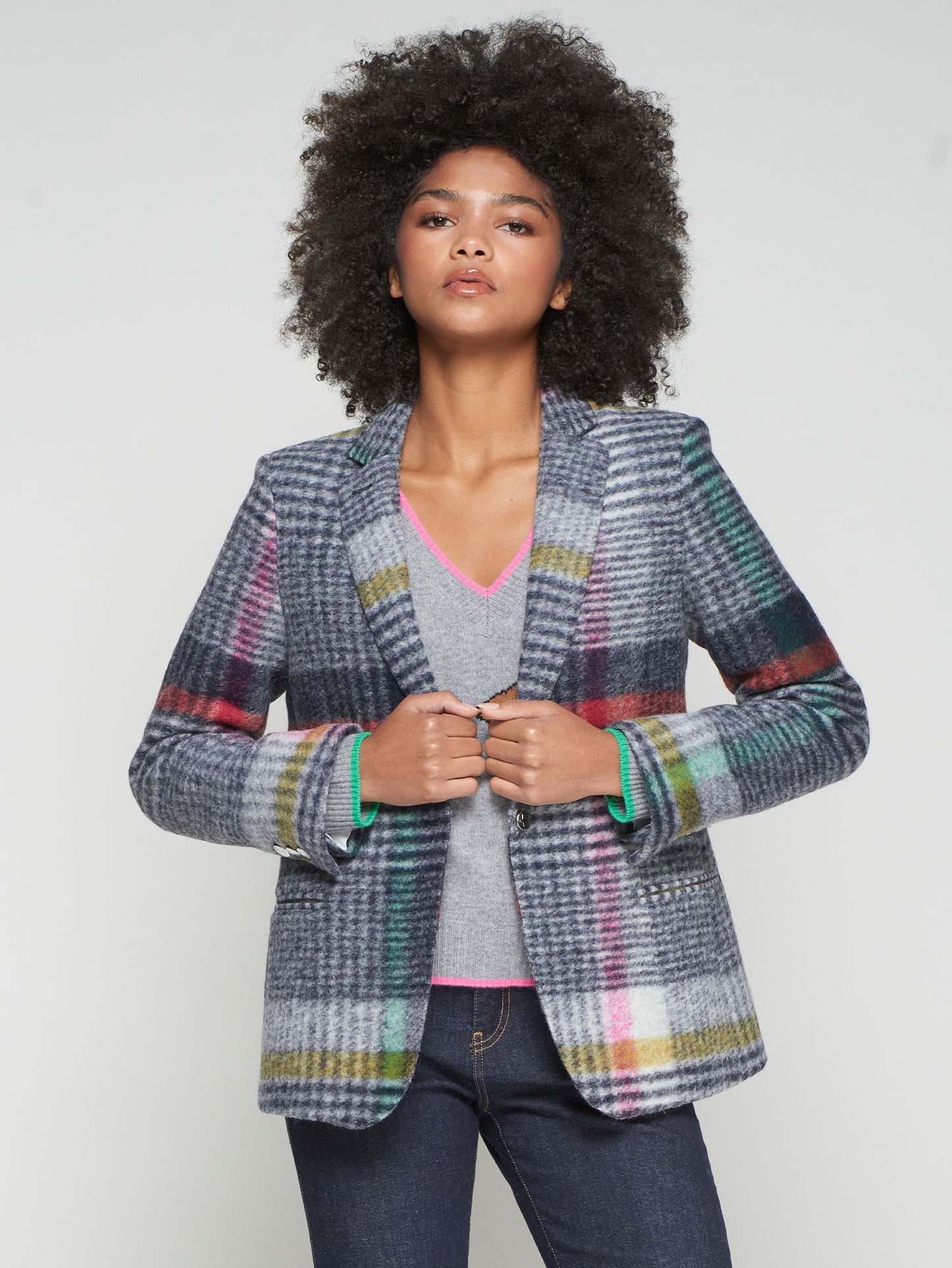 GREY MULTICOLORED CHECKED BLAZER