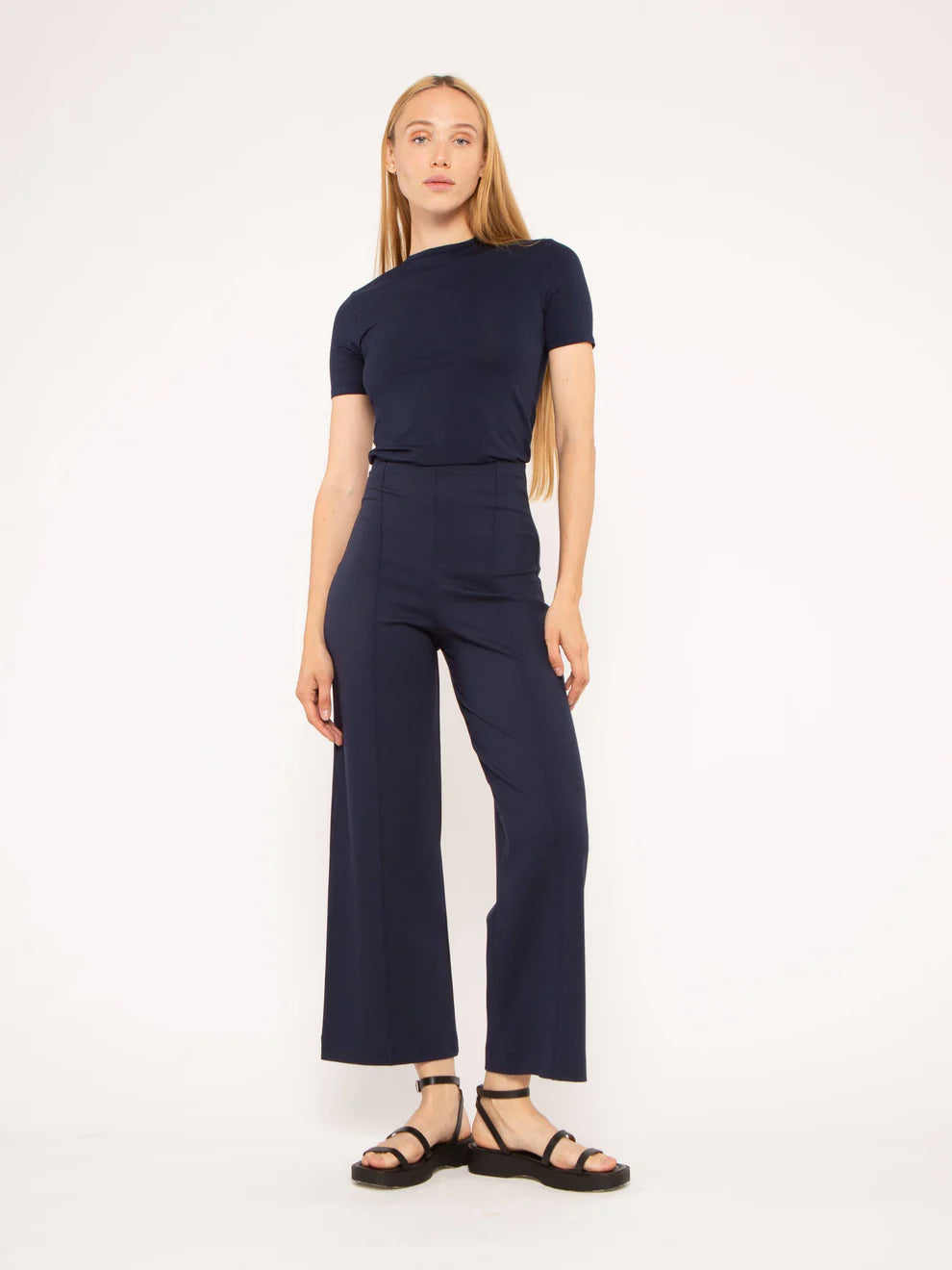 Black Ponte Knit Straight Leg Pant: Cropped