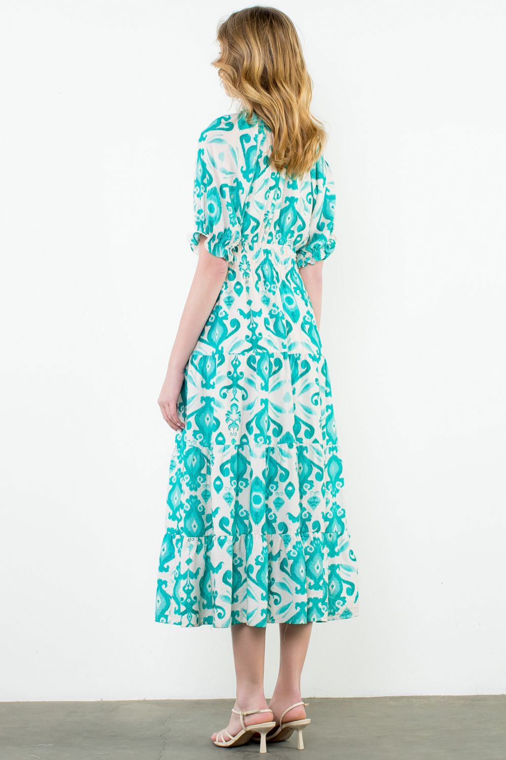 Tassel Tie Puff Sleeve Print Maxi Dress