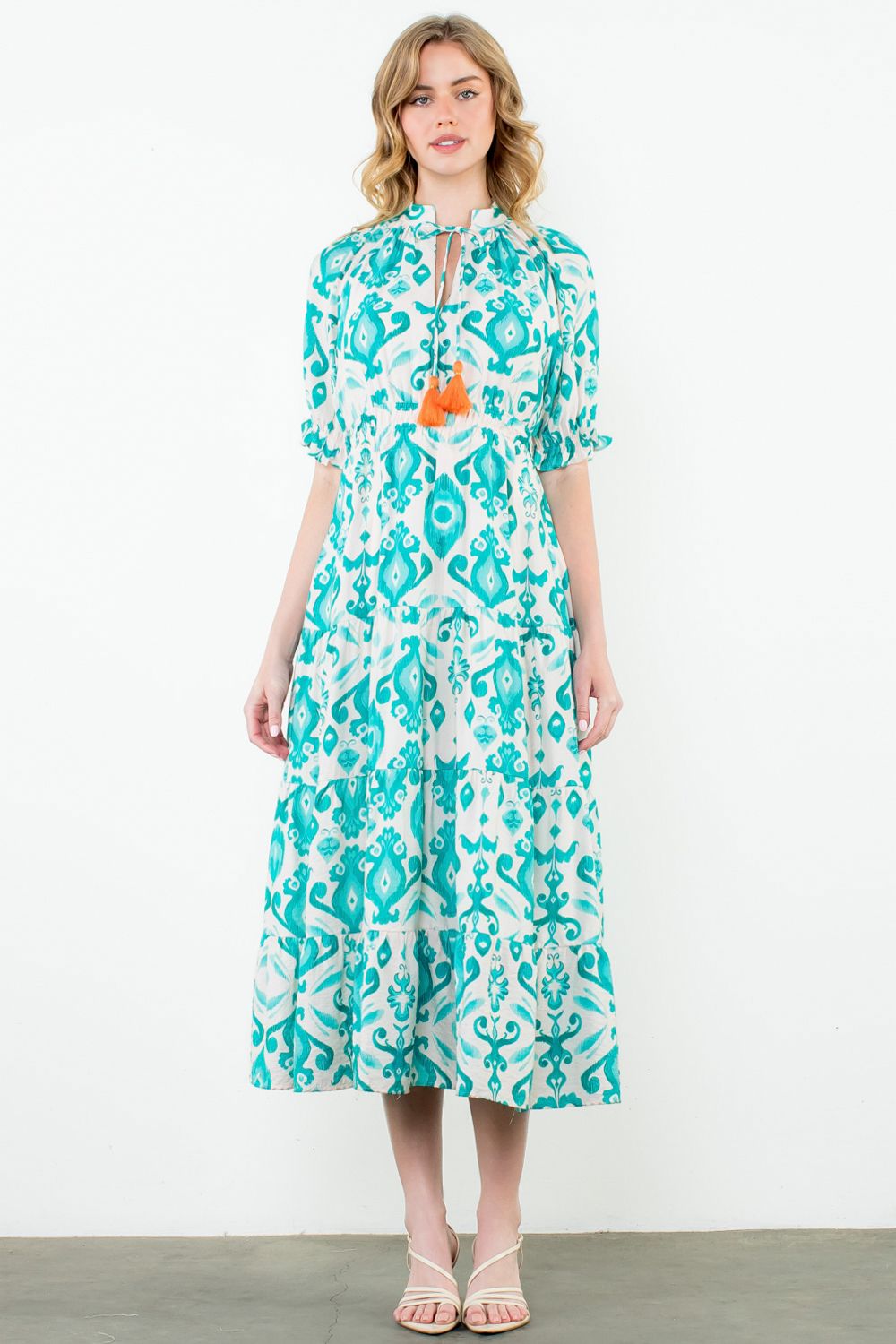 THML - Tassel Tie Puff Sleeve Print Maxi Dress L / Aqua THML - Tassel Tie Puff Sleeve Print Maxi Dress L / Aqua