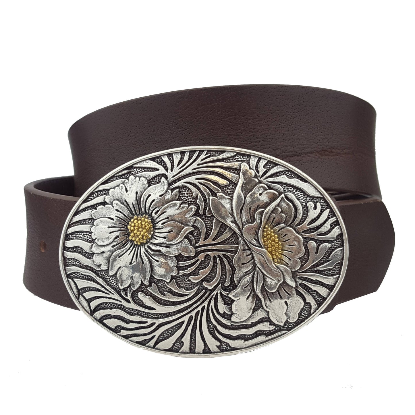 Genuine leather belt w. Western Oval Sunflower Buckle