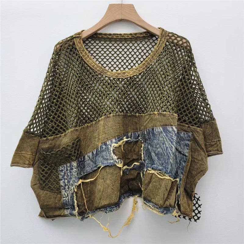 M217 Mesh & Denim Patchwork Tee – Summer Street Style
