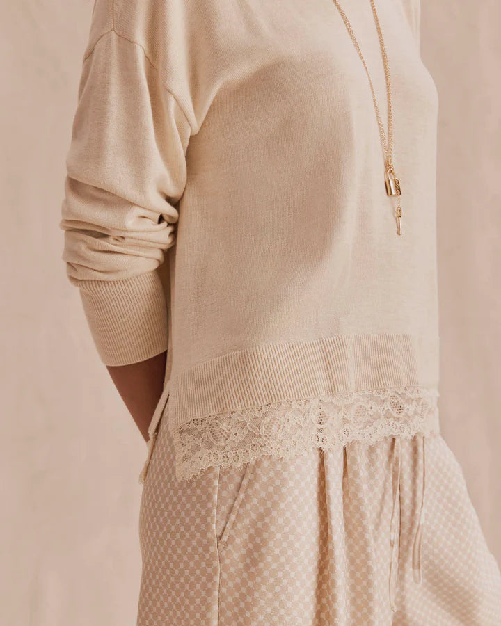 Georgie Lace Trim Pullover in Wheat Heather