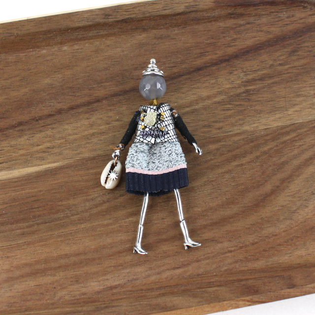 B25281 Stone Adorned French Doll Stainless Steel Brooch