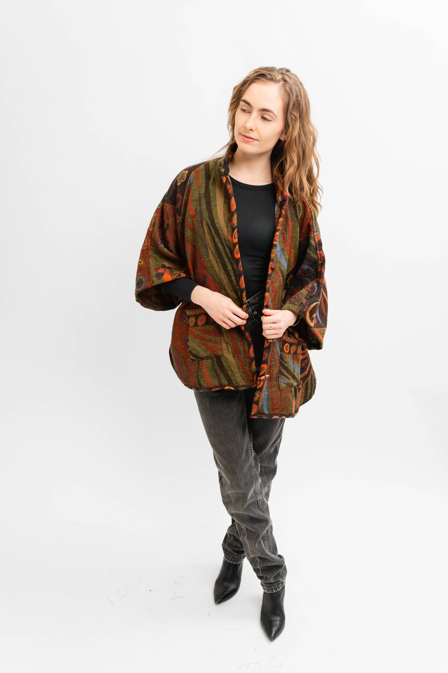 700/Handmade Reversible Merino Kimono Jacket Autumn Abstract