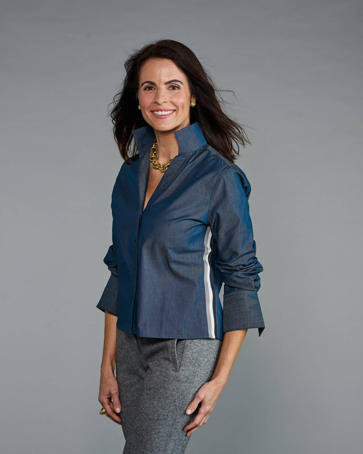 The League Crop Shirt in Dark Blue Denim with Stripe Trim