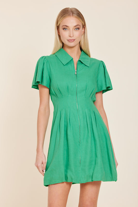 Green Linen Zip Bubble Dress