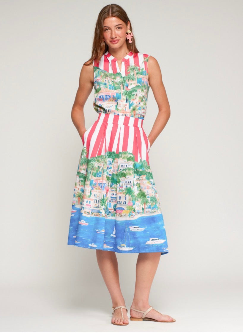 Red Striped Skirt with Coastal Print