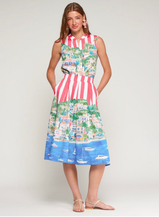 Red Striped Skirt with Coastal Print
