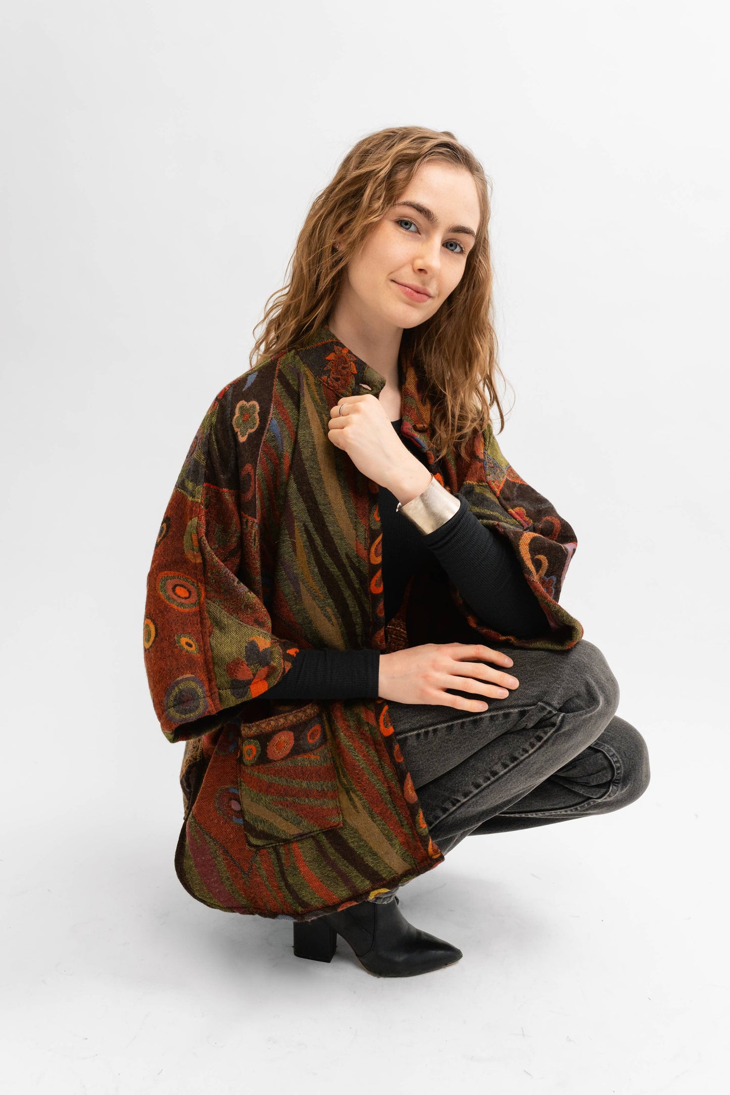 700/Handmade Reversible Merino Kimono Jacket Autumn Abstract