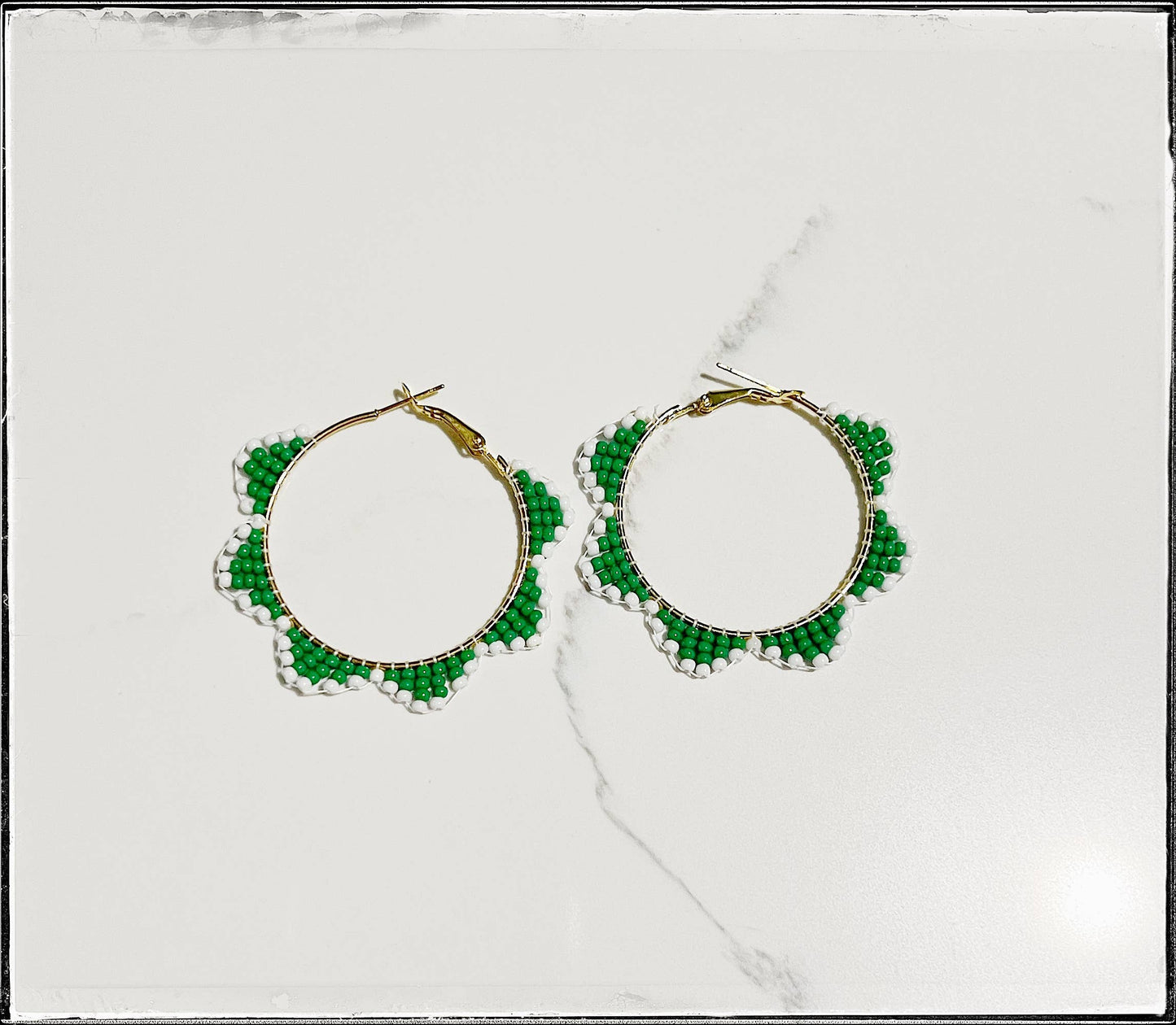 Glass Seed Bead Scalloped Hoop Circle Brass Earrings Green
