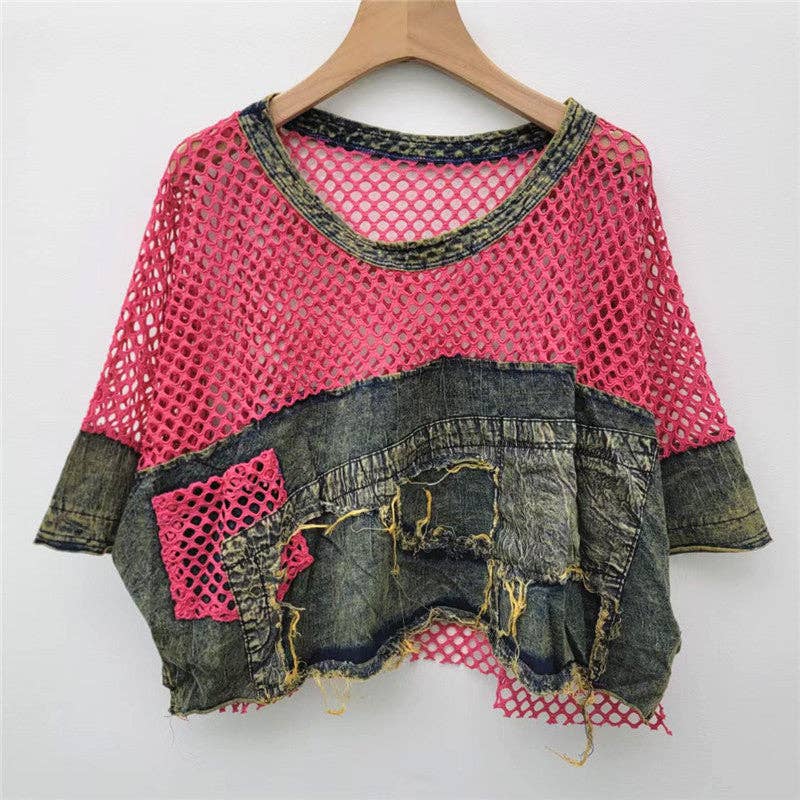 M217 Mesh & Denim Patchwork Tee – Summer Street Style