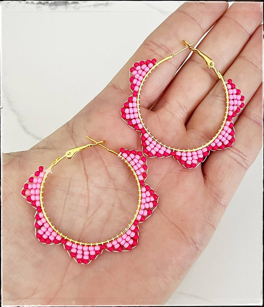 Glass Seed Bead Scalloped Hoop Circle Brass Earrings Pink
