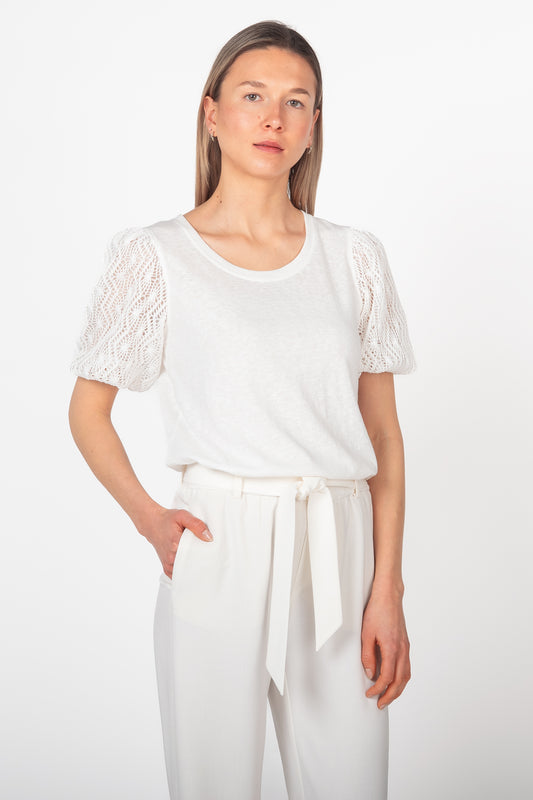 Lace Sleeve Slub Jersey Knit Top