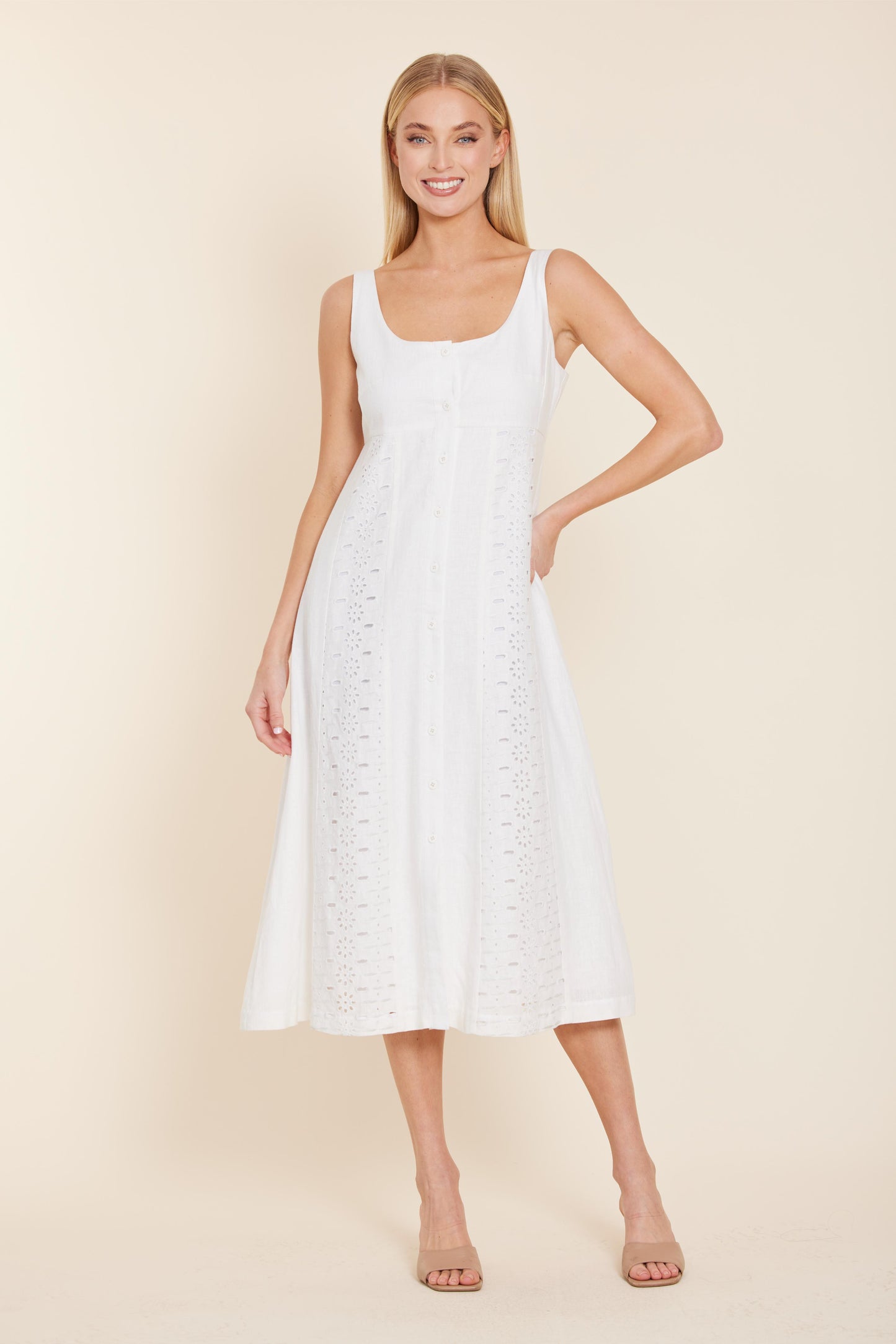 White Linen Eyelit Long Dress