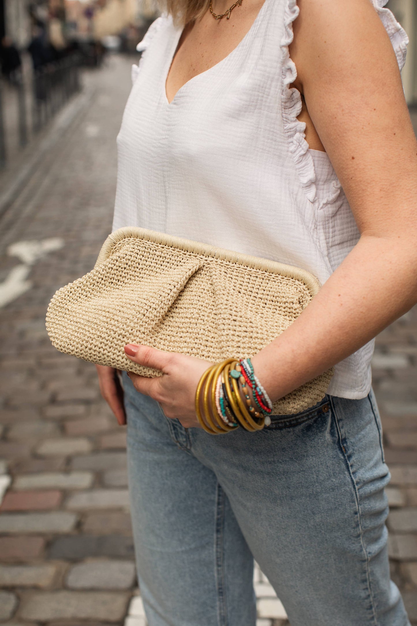 Raffia clutch bag, Beige raffia pouch bag