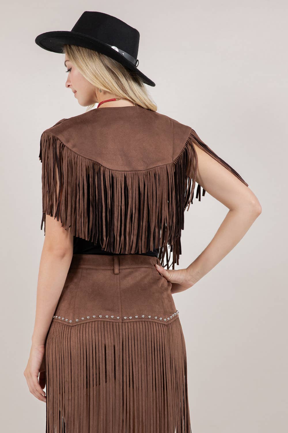 SIJ5247A BROWN TRENDY WESTERN FRINGE SUEDE COLLAR / SHRUG