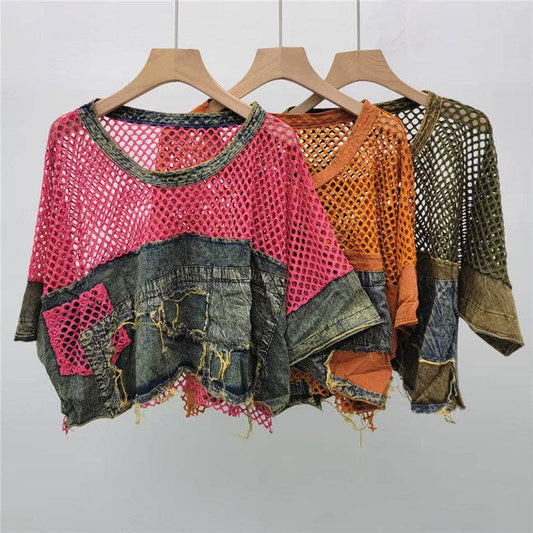 M217 Mesh & Denim Patchwork Tee – Summer Street Style