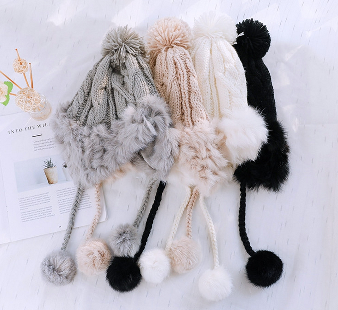 Women Winter hat pompom beanie Cable Knit hat Faux Fur Tie