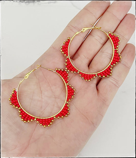 Glass Seed Bead Scalloped Hoop Circle Brass Earrings Red