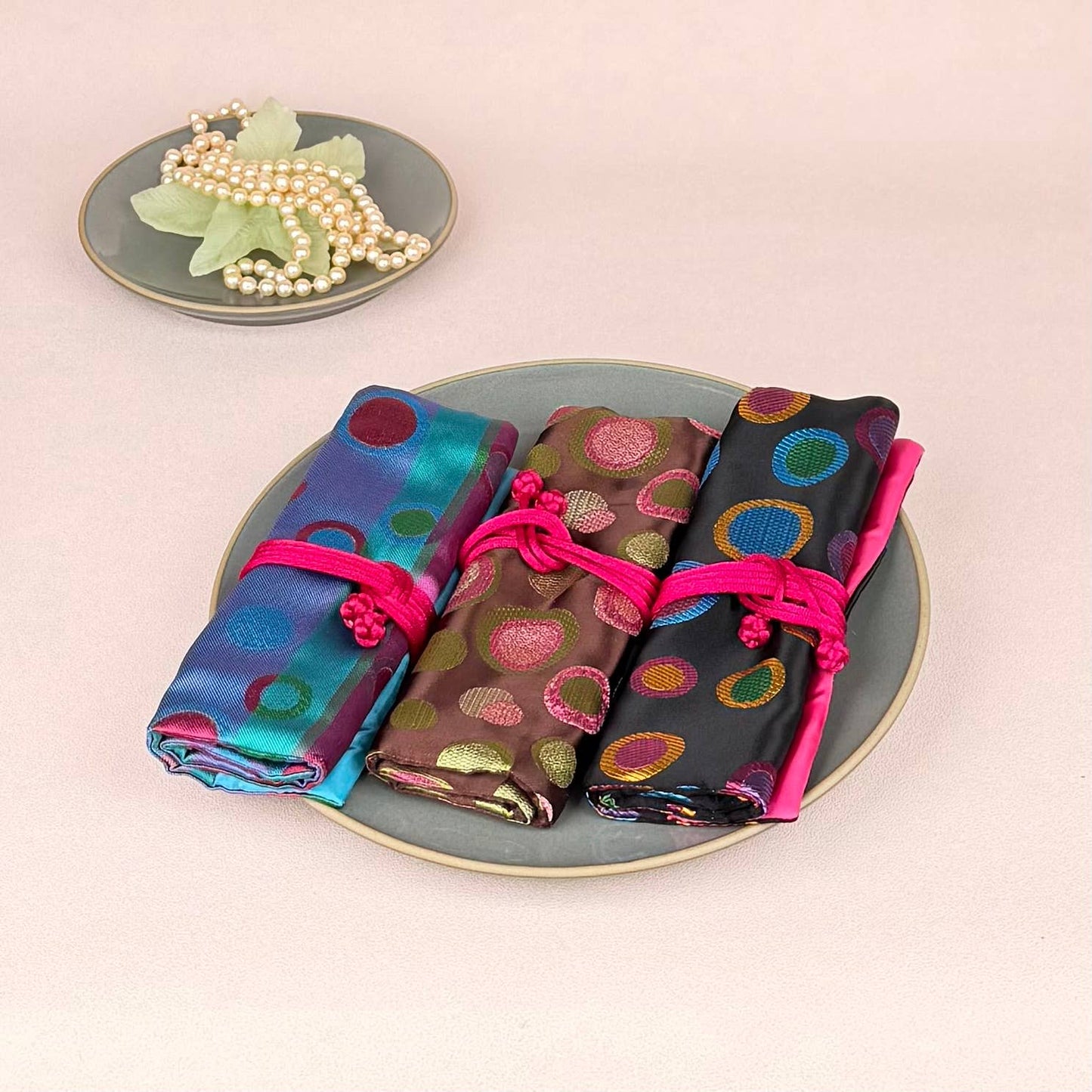 Polka Dots Brocade Jewelry Roll