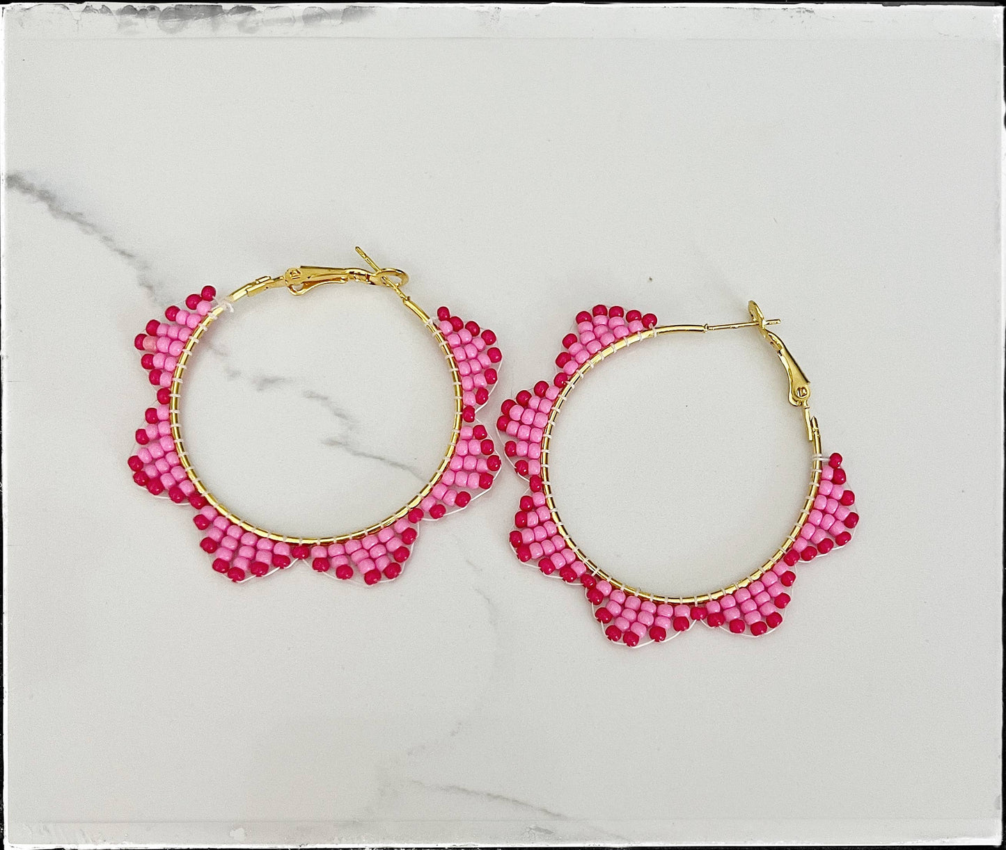 Glass Seed Bead Scalloped Hoop Circle Brass Earrings Pink