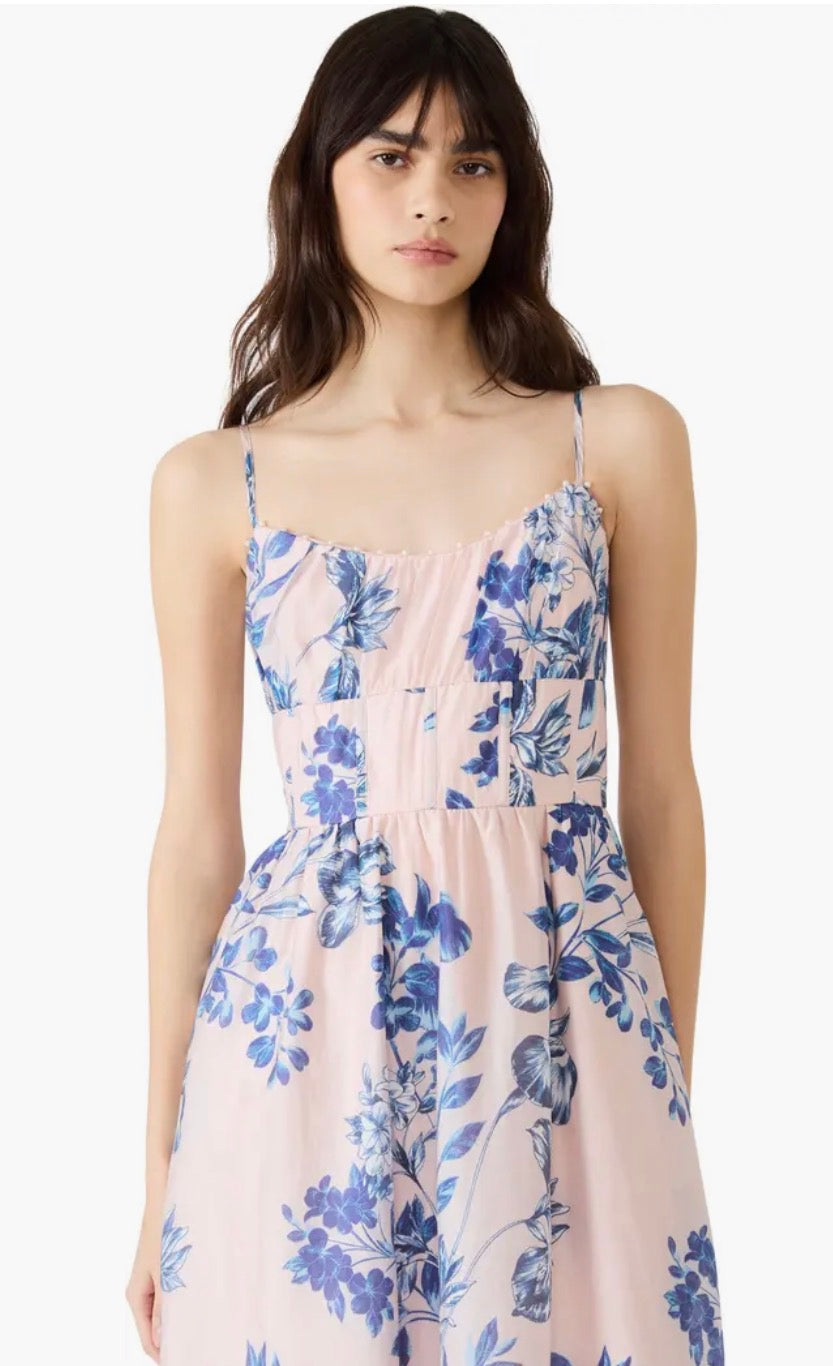 Talita Floral Faux Pearl Detail Midi Dress