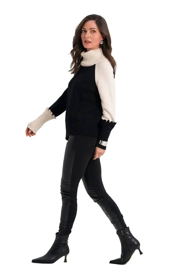 Pima Cotton 2 Tone Turtleneck Sweater - Black/Stone