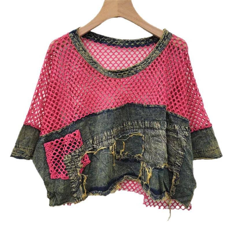 M217 Mesh & Denim Patchwork Tee – Summer Street Style