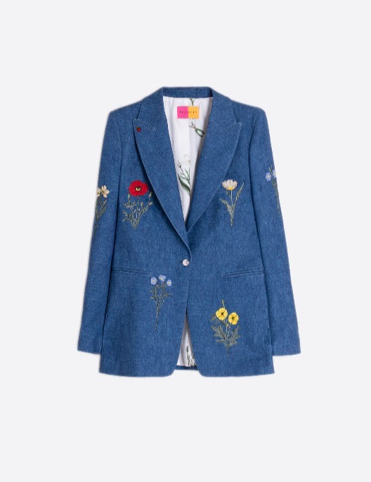 Denim Blue Blazer with Embroidered Flowers
