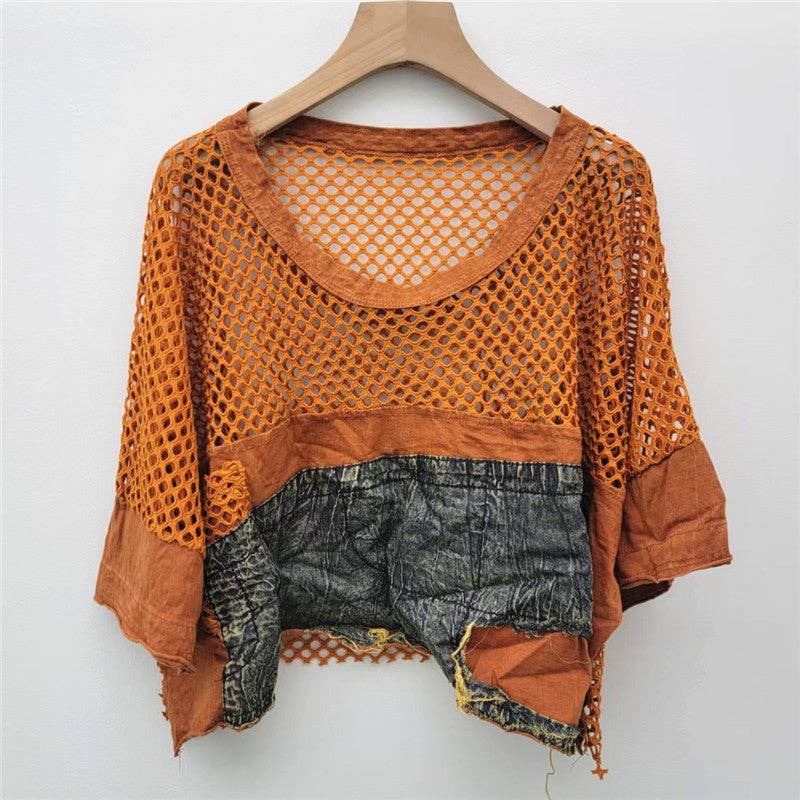 M217 Mesh & Denim Patchwork Tee – Summer Street Style
